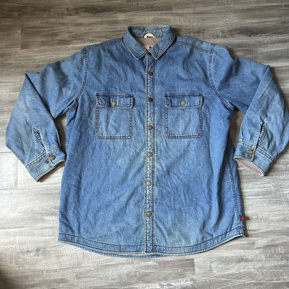Woolrich Mens XL Denim Shirt Jacket Sherpa Lined Blue Western Workwear Shacket